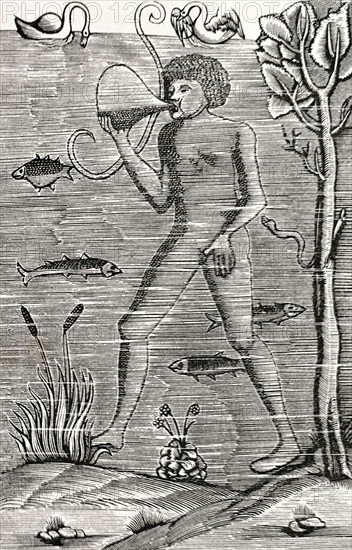 Medieval diver using bladder to breath