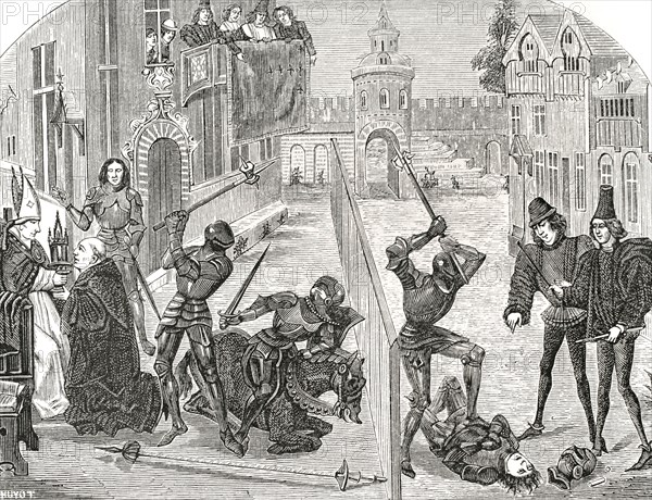 As the clerics were not allowed to fight, Raimbaut de Moreuil defended the cause of the Abbot of Saint-Denis in single combat with Guyon de Losenne