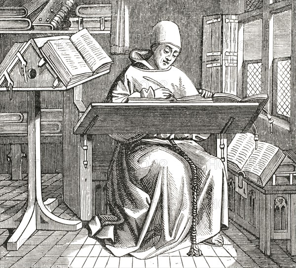 Scribe or copyist, surrounded by open books, working at his desk