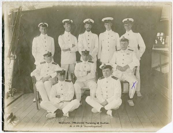 Group photograph of Officers from the Marine Survey of India on the RIMS Investigator, including George Ellis Wood.