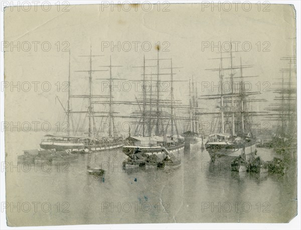 Docked sailing ships, Hooghly River, Calcutta