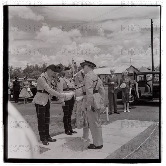 HM the Queen Mother at Cameronians (Scottish Rifles) Camp, Nairobi