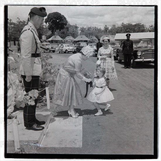 HM the Queen Mother at Cameronians (Scottish Rifles) Camp, Nairobi