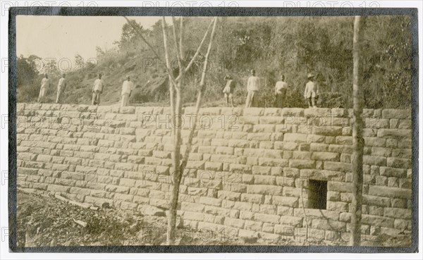 Plantation workers on embankment