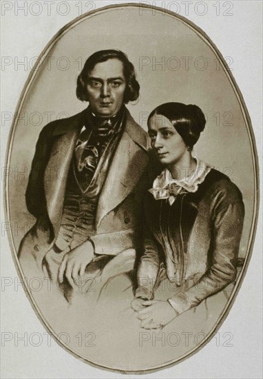 Robert Schumann (1810-1856). German composer and pianist. Clara Schumann (1819-1896). German pianist, wife of Robert Shumann. Portrait of Robert and Clara Schumann. 1847.