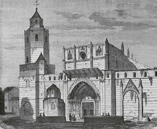 Spain, Aragon, Huesca. Cathedral of Saint Mary of Huesca, built in Gothic style,13th century. Exterior. Illustration by Fernando Miranda. Engraving by Sierra. Cronica General de España, Historia Ilustrada y Descriptiva de sus Provincias. Aragon, 1866.