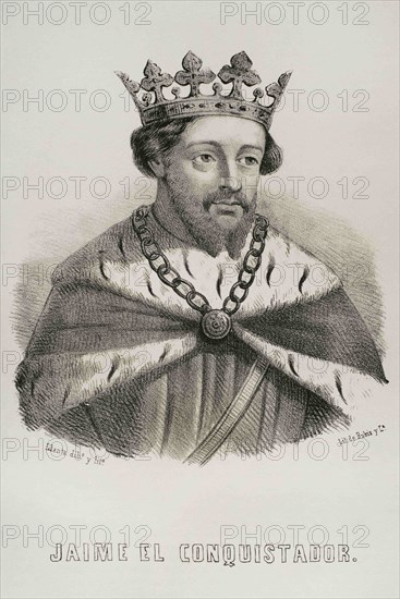 James I the Conqueror (1208-1276). Count of Barcelona and King of Aragon (1213-1276), Valencia (1239-1276) and Majorca (1229-1276). Illustration by Santaigo Llanta. Portrait. Lithography. Cronica General de España, Historia Ilustrada y Descriptiva de sus Provincias. Aragon, 1866.