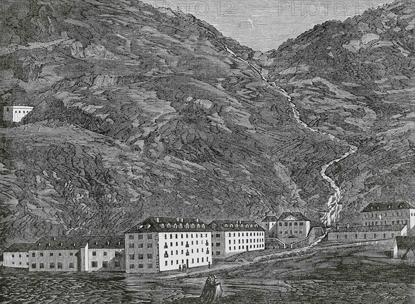 Spain, Aragon, Huesca province. Panticosa Baths. Panoramic view of the thermal complex. Engraving by Sierra. Cronica General de España, Historia Ilustrada y Descriptiva de sus Provincias. Aragon, 1866.