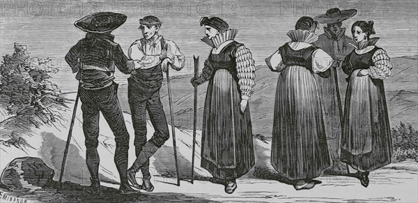 Spain, Aragon. Costumes of High Aragon. Illustration by Fernando Miranda. Engraving by Sierra. Cronica General de España, Historia Ilustrada y Descriptiva de sus Provincias. Aragon, 1866.