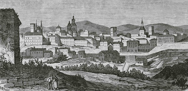 Spain, Aragon, Teruel. View of the city. Illustration by Fernando Miranda. Engraving by Sierra. Cronica General de España, Historia Ilustrada y Descriptiva de sus Provincias. Aragon, 1866.