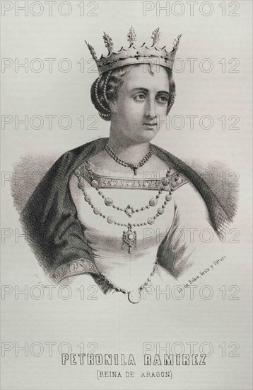 Petronilla (1136-1173). Queen of Aragon (1157-1164). Portrait. Lithography. Cronica General de España, Historia Ilustrada y Descriptiva de sus Provincias. Aragon, 1866.