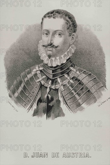 John of Austria (1547-1578). Spanish military. illegitimate son of Holy Roman Emperor Charles V. Portrait. Illustration by Llanta. Lithography. Cronica General de España, Historia Ilustrada y Descriptiva de sus Provincias. Aragon, 1866.