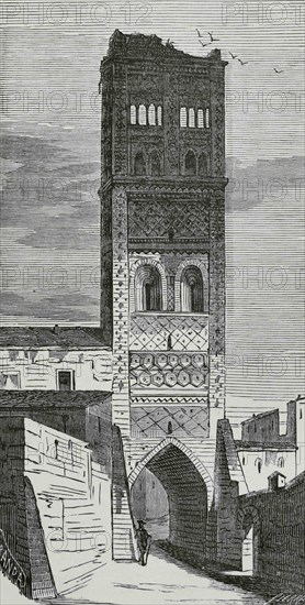 Spain, Aragon, Teruel. Tower of Saint Martin. Mudejar style building erected in 1316 and renovated during the 16th century. Illustration by Fernando Miranda. Engraving by Sierra. Cronica General de España, Historia Ilustrada y Descriptiva de sus Provincias. Aragon, 1866.