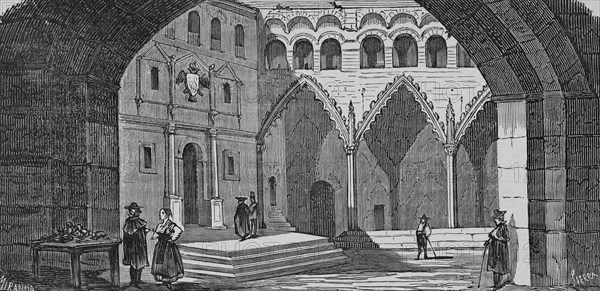 Spain, Aragon, Teruel province, Alcañiz. Porticos of the Square (now Spain Square). Illustration by Fernando Miranda. Engraving by Sierra. Cronica General de España, Historia Ilustrada y Descriptiva de sus Provincias. Aragon, 1866.