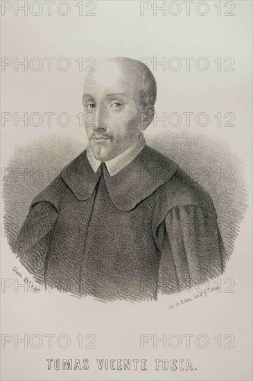 Tomas Vicente Tosca y Masco (1651-1723). Spanish architect, mathematician, theologian and philosopher. Portrait. Illustration by Llanta. Lithography. Cronica General de España, Historia Ilustrada y Descriptiva de sus Provincias. Aragon, 1866.