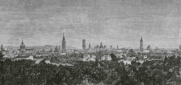 Spain, Aragon. Zaragoza. Panoramic view of the city. Engraving by Sierra. Cronica General de España, Historia Ilustrada y Descriptiva de sus Provincias. Aragon, 1866.