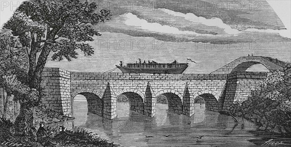 Spain, Aragon, Saragossa province. Imperial Canal on the Jalon River. It was built in the 18th century, being the most representative in the construction of the Imperial Canal of Aragon. Illustration by Letre. Engraving by Sierra. Cronica General de España, Historia Ilustrada y Descriptiva de sus Provincias. Aragon, 1866.