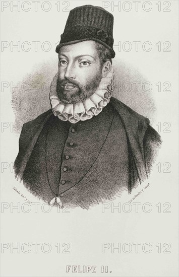 Philip II (1527-1598). King of Spain (1556-1598). Portrait. Illustration by Salcedo. Lithography. Cronica General de España, Historia Ilustrada y Descriptiva de sus Provincias. Aragon, 1866.