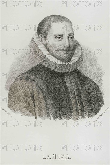 Juan de Lanuza (1564-1591). Chief Justice of Aragon. Portrait. Illustration by Llanta. Lithography. Cronica General de España, Historia Ilustrada y Descriptiva de sus Provincias. Aragon, 1866.