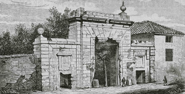 Spain, Aragon, Zaragoza. Gate of Our Lady of El Carmen, the only one preserved of the wall of the ancient city. It was built in Neoclassical style at late 18th century. Illustration by Letre. Engraving by Tomas Carlos Capuz (1834-1899). Cronica General de España, Historia Ilustrada y Descriptiva de sus Provincias. Aragon, 1866.