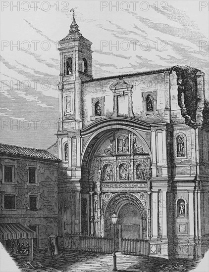 Spain, Aragon, Zaragoza. Basilica of Santa Engracia. General view of the Renaissance-style facade. Illustration by Letre. Engraving by Capuz. Cronica General de España, Historia Ilustrada y Descriptiva de sus Provincias. Aragon, 1866.