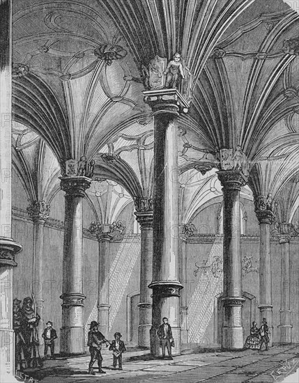 Spain, Aragon, Zaragoza. La Lonja. 16th century. Renaissance style building. Interior view with star-shaped rib vaults. Illustration by Letre. Engraving by Tomas Carlos Capuz. Cronica General de España, Historia Ilustrada y Descriptiva de sus Provincias. Aragon, 1866.