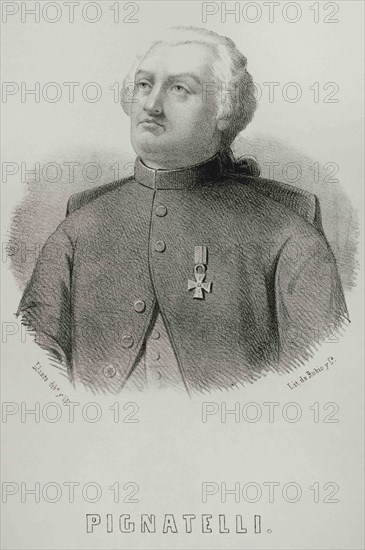 Ramon Pignatelli y Moncayo (1734-1793). Spanish politician. He achieved the construction and commissioning of the Imperial Channel of Aragon. Portrait. Illustration by Santiago Llanta. Lithography. Cronica General de España, Historia Ilustrada y Descriptiva de sus Provincias. Aragon, 1866.