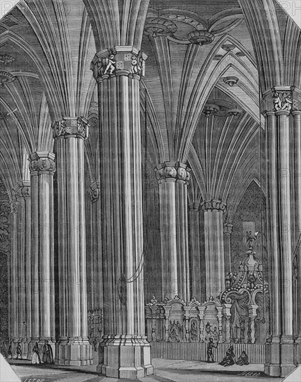 Spain, Aragon, Zaragoza. Interior of the Cathedral of San Salvador or La Seo. Illustration by Letre. Engraving by Sierra. Cronica General de España, Historia Ilustrada y Descriptiva de sus Provincias. Aragon, 1866.