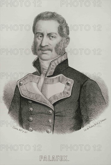 Jose de Palafox, 1st Duke of Zaragoza (1775-1847). Spanish general at Peninsular War. Portrait. Illustration by Santiago Llanta. Lithography. Cronica General de España, Historia Ilustrada y Descriptiva de sus Provincias. Aragon, 1866.