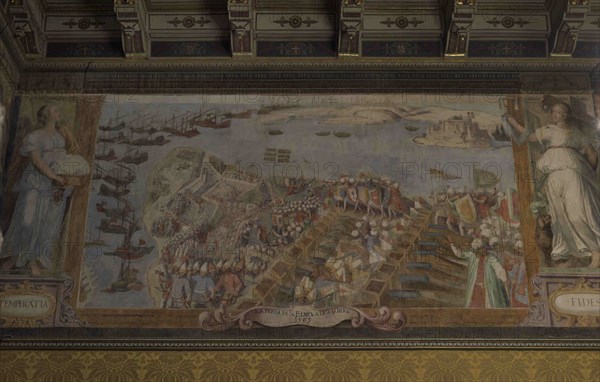 Palace of the Grand Master, 16th-18th centuries. Residence of the Great Master of the Order of Saint John. Fresco of the Supreme Council Room by Matteo Perez de Aleccio (1547-1628) depicting The Great Siege of Malta by the Ottoman Empire in 1565. Take of the Fort of Saint Elmo (June 23, 1565). Valletta. Malta.
