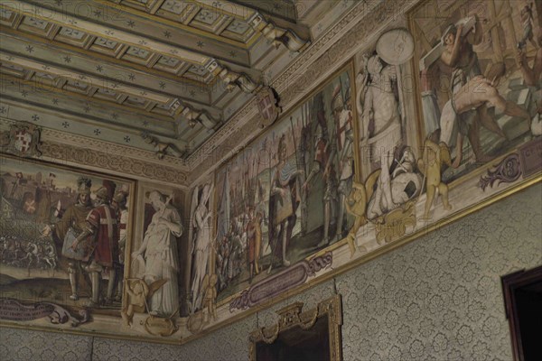 Palace of the Grand Master. 16th-18th centuries. Residence of the Grand Master of the Order of Saint John. Hall of the Pages. Waiting room for the young positions of the Grand Master. Decorated with a frieze of wall paintings by Leonello Spada (1576-1622), depicting scenes from the history of the Order. Detail of the frescoes. Valletta Malta.