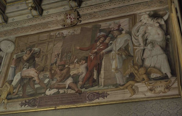 Palace of the Grand Master. 16th-18th centuries. Residence of the Grand Master of the Order of Saint John. Hall of the Pages. Waiting room for the young positions of the Grand Master. Decorated with a frieze of wall paintings by Leonello Spada (1576-1622) with scenes from the history of the Order. Fresco depicting Knights Hospitaller restoring part of the wall of Jerusalem (1229). Valletta. Malta.