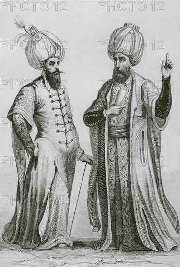 Functionaries of the Ottoman Empire. Janissary Agha (left) top Ottoman military official) and Kadi Lechken (right) ruling judge of the Turkish territories). Engraving by Lemaitre, Masson and Monnin. Historia de Turquia, by Joseph Marie Jouannin (1783-1844) and Jules Van Gaver, 1840.