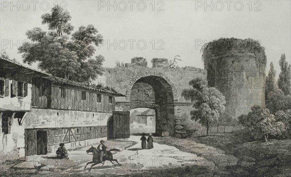 Ottoman Empire. Turkey. Triumphal gate of the ancient town of Adrianople (today Edirne). Turkey. Engraving by Lemaitre, Vormser and Cholet. Historia de Turquia, by Joseph Marie Jouannin (1783-1844) and Jules Van Gaver, 1840.