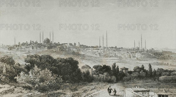Ottoman Empire. Turkey. Adrianople (today Edirne). Panoramic of the city. Engraving by Lemaitre, Lalaisse and Fleury. Historia de Turquia, by Joseph Marie Jouannin (1783-1844) and Jules Van Gaver, 1840.