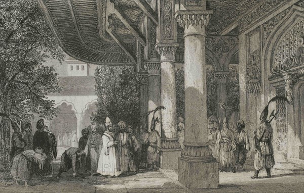 Ottoman Empire. Turkey, Constantinople. Topkapi Palace. The Gate of a Seraglio. Historia de Turquia, 1840. Engraving by Lemaitre. Historia de Turquia, by Joseph Marie Jouannin (1783-1844) and Jules Van Gaver, 1840.