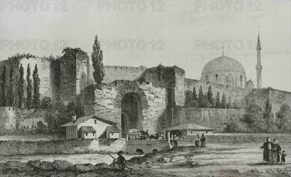 Turkey. Constantinople (today Istanbul). The Gate of Charisius, also known as Edirnekapi or Adrianople Gate. Engraving by Lemaitre, Vormser and Fonnstecher. Historia de Turquia, by Joseph Marie Jouannin (1783-1844) and Jules Van Gaver, 1840.