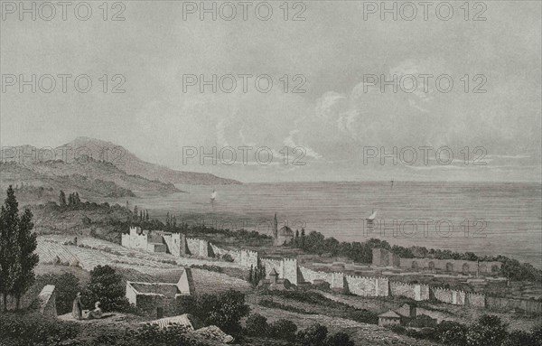 Ottoman Empire era. Turkey. Trabzon. Black Sea coastal city. View. Engraving by Lemaitre, Preaux and Charles Lalaisse. Historia de Turquia by Joseph Marie Jouannin (1783-1844) and Jules Van Gaver, 1840.