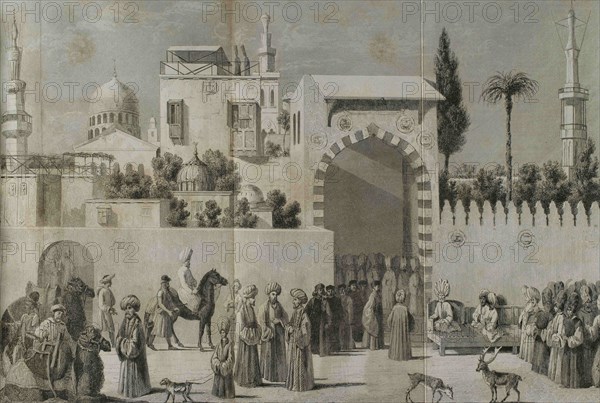The reception of a Venetian ambassadors in Damascus in 1511. Engraving from a painting by the workshop of Bellini, by Lemaitre and Lalaisse. Historia de Turquia by Joseph Marie Jouannin (1783-1844) and Jules Van Gaver, 1840.