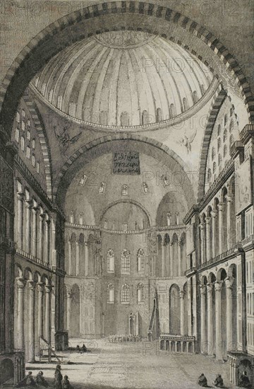 Ottoman Empire era. Turkey. Constantinople (today Istanbul). Hagia Shopia. Byzantine Basilica converted into a mosque. Inside view. Engraving by Lemaitre and Dumouxa. Historia de Turquia by Joseph Marie Jouannin (1783-1844) and Jules Van Gaver, 1840.