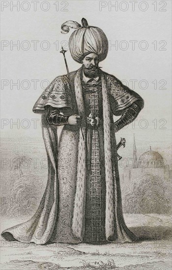 Suleyman the Magnificent (1494-1566). Sultan of the Ottoman Empire from 1520 to 1566. Engraving by Lemaitre and Masson. Historia de Turquia by Joseph Marie Jouannin (1783-1844) and Jules Van Gaver, 1840.