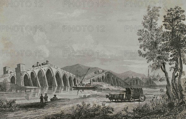 Ottoman Empire. Turkey. Kanuni Sultan Suleyman bridge or Buyukçekmece Bridge. Buyukçekmece, near Istanbul. It was built by Sinan on a commission from Selim II, 16th century. Engraving by Lemaitre, Danvin and Lepetit. Historia de Turquia by Joseph Marie Jouannin (1783-1844) and Jules Van Gaver, 1840.