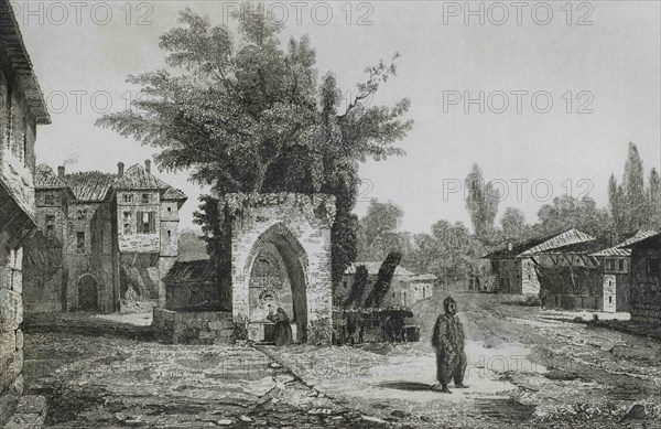 Ottoman Empire. Turkey. Caravanserai of Kuchuk Chemetche. Engraving by Lemaitre, Vormser and Lepetit. Historia de Turquia by Joseph Marie Jouannin (1783-1844) and Jules Van Gaver, 1840.