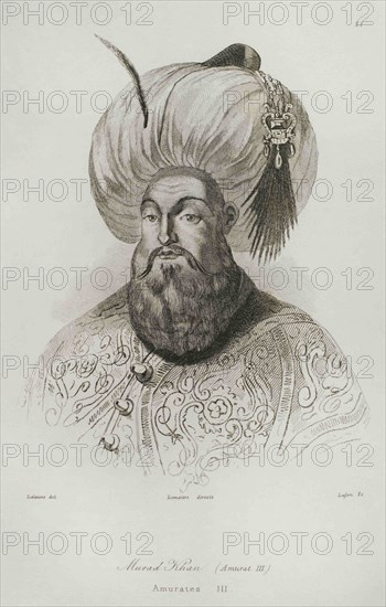 Murad III (1546-1595), Sultan of the Ottoman empire (1574 -1595). He was the eldest son of sultan Selim II (1566-1574). Portrait. Engraving by Lemaitre, Lalaisse and Lafon. Historia de Turquia by Joseph Marie Jouannin (1783-1844) y Jules Van Gaver, 1840.