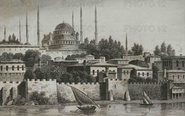 Ottoman Empire. Turkey. Constantinople (today Istanbul). Sultan Ahmed Mosque or Blue Mosque.  It was built by the Ottoman sultan Ahmed I between 1609 and 1616. Engraving by Lemaitre and Lalaisse. Historia de Turquia by Joseph Marie Jouannin (1783-1844) and Jules Van Gaver, 1840.