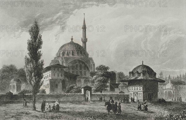 Ottoman Empire. Turkey. Constantinople (today Istanbul). Top-Khane square and fountain. Piyale Pasha Mosque. It was built during the reign of Sultan Selim II, under the orders of chief admiral Piyale Pasha in 1573. Engraing by Lemaitre, J. Arnaut and Charles Lalaisse. Historia de Turquia by Joseph Marie Jouannin (1783-1844) and Jules Van Gaver, 1840.