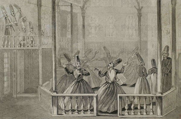 Ottoman Empire. Turkey. Whirling Derviches. Mevlevi Order. The whirling dervishes were founded by Jelaluddin Rumi (1207-1273). Engraving by Lemaitre, Vernier and Monnin. Historia de Turquia by Joseph Marie Jouannin (1783-1844) and Jules Van Gaver, 1840.