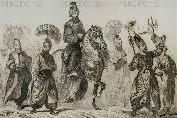 Ottoman Sultan going to the mosque. Turkey. Engraving by Lemaitre, Lalaisse and Chaillot. Historia de Turquia by Joseph Marie Jouannin (1783-1844) and Jules Van Gaver, 1840.