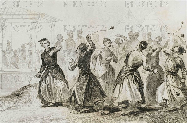 Ottoman Empire. Turkey. Men exercising in Tomak game. Martial art. Traditional game in which woll balls are used on leather straps. Engraving by Lemaitre, Lalaisse and Chaillot. Historia de Turquia by Joseph Marie Jouannin (1783-1844) and Jules Van Gaver, 1840.