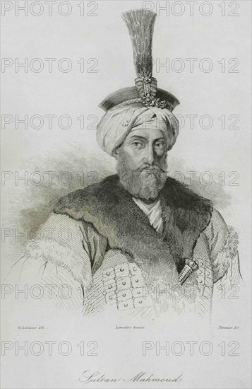 Mahmud I (1696-1754), known as The Hunchback. Ottoman sultan from 1730 to 1754. Engraving by Lemaitre, Lalaisse and Pannier. Historia de Turquia by Joseph Marie Jouannin (1783-1844) and Jules Van Gaver, 1840.